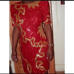 Red/gold holiday sequined dress